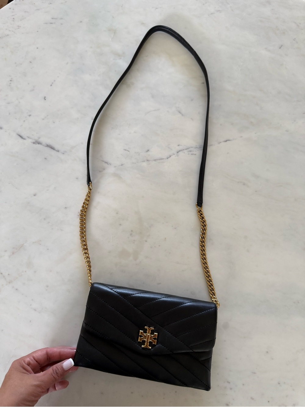 Tory Burch Black Chevron Quilted Leather Crossbody with Gold Chain